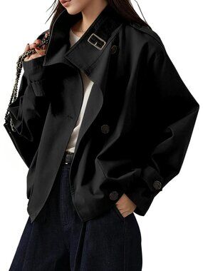 Women's Black Retro Oversized Funnel Neck Pocket Windbreaker Cropped Trench Coat